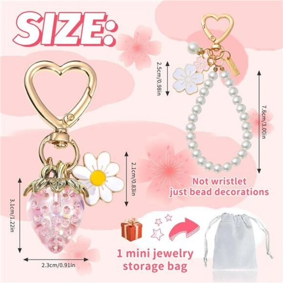 Strawberry keychain flower cherry blossom bag charm cute car key accessory set - Picture 2 of 7